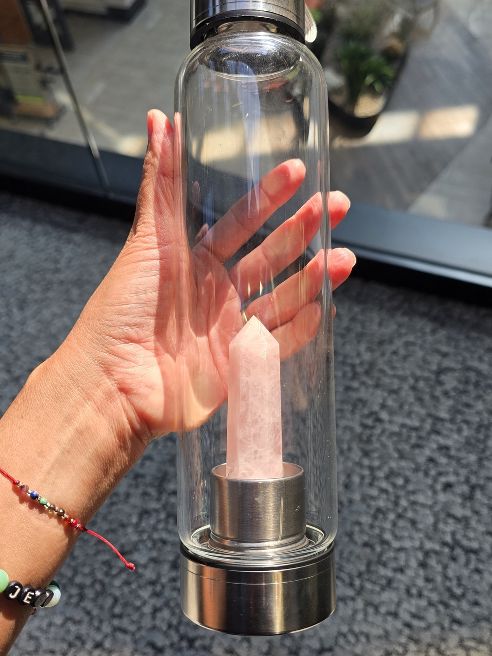 Clear Glass Crystal Infused Water Bottle with Rose Quartz Point